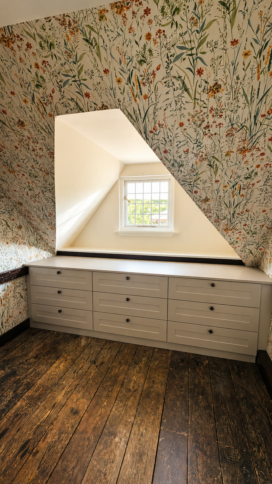 Built-in drawers fitted under sloped eaves ceiling